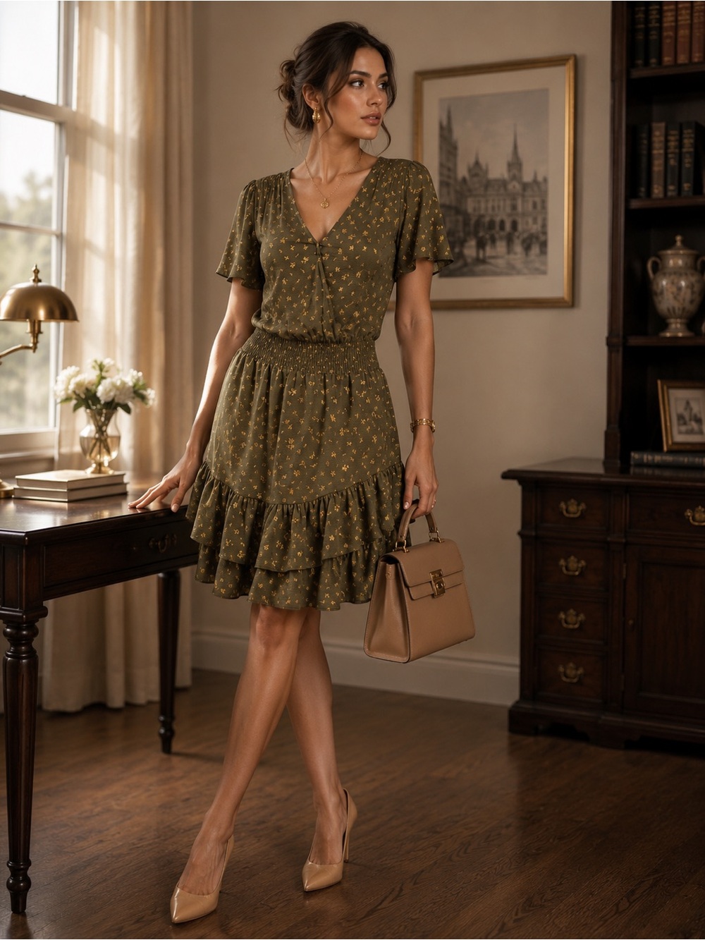 Michael Kors Olive Green Floral Ruffle Mini Dress